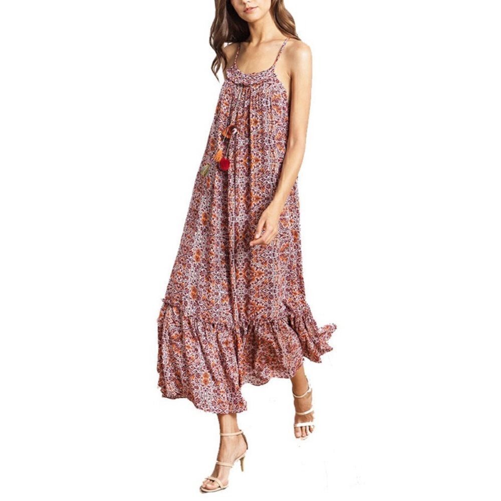 Misa Thale Marseille Print Pom Pom Tassel Floral Paisley Ruffle Maxi Dress Sz S